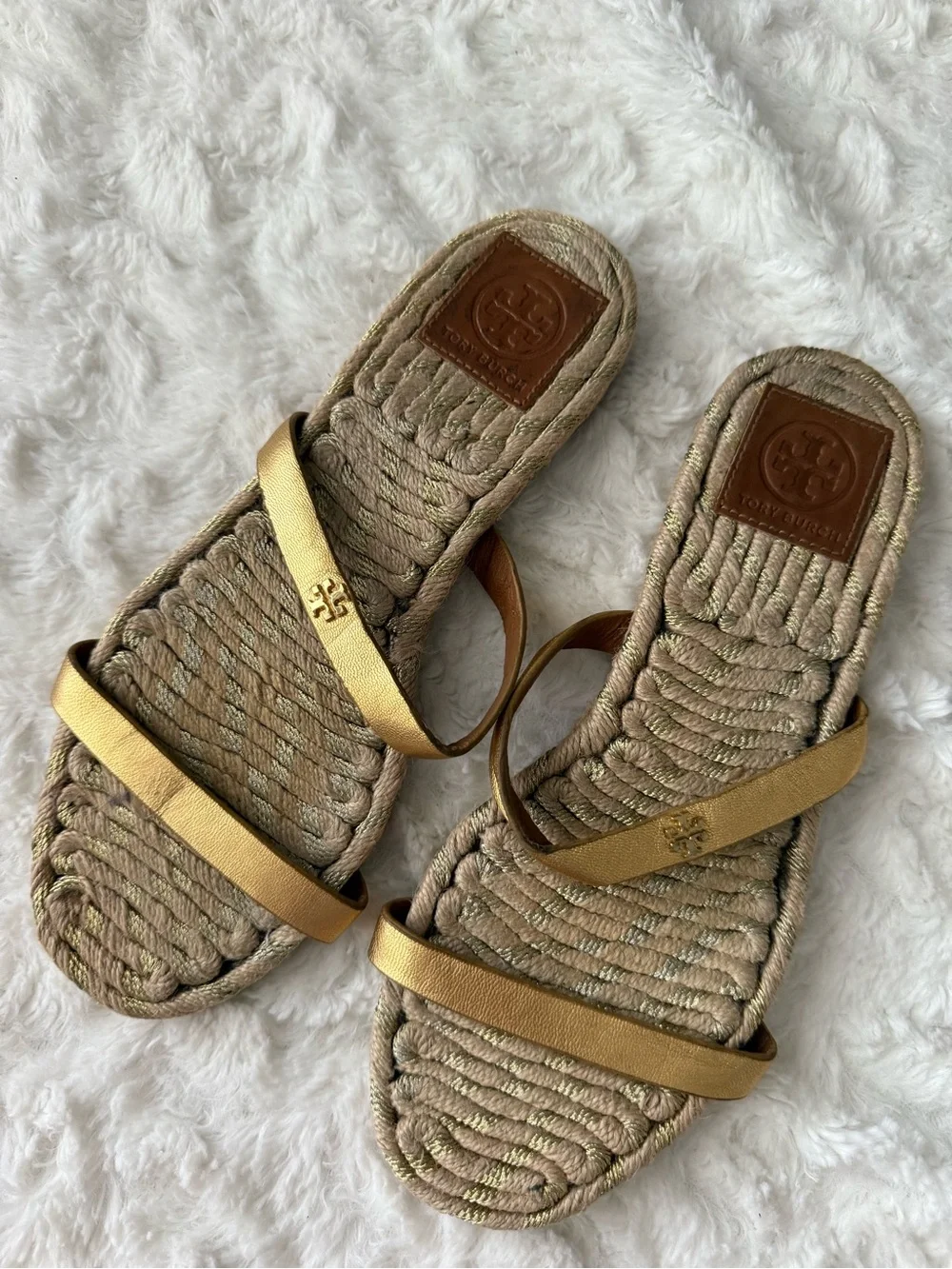 Tory Burch Women's Two-Band Flat Metallic Goat Madras Espadrille Slide